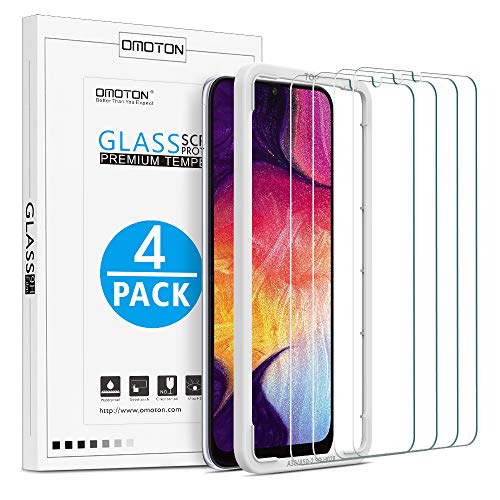 Product Cover OMOTON [4 Pack] Samsung Galaxy A50 A30 Screen Protector, Tempered Glass Screen Protector Compatible with Samsung Galaxy A30/A50 2019 Released, Scratch Resistant/9H Hardness/Bubble Free