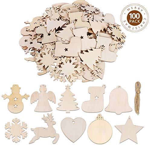 Product Cover Max Fun 100PCS DIY Wooden Christmas Ornaments Unfinished Predrilled Wood Circles for Crafts Centerpieces Holiday Hanging Decorations in 10 Shapes