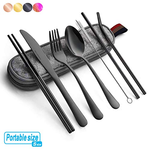 Product Cover Black Travel flatware set with Case Stainless Steel silverware Tableware Set,Include Knife/Fork/Spoon/Straw (Portable black)
