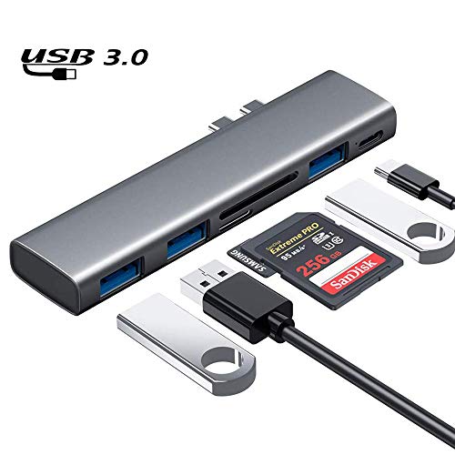 Product Cover USB C Hub, 6 in 1 Portable Hub with Thunderbolt 3, TF/SD Card Reader, 3 USB 3.0 Ports, Compatible with MacBook Pro 13″and MacBook Pro 15″, MacBook Air 13″2019/2018, Space Grey (Space Grey)