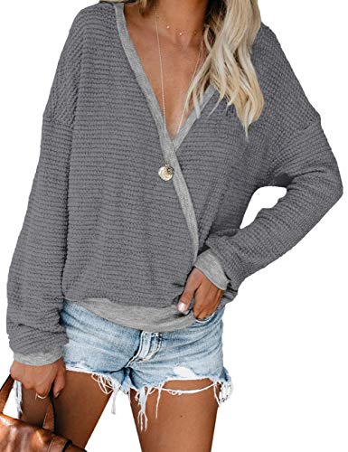 Product Cover NSQTBA Womens Deep V Neck Wrap Sweaters Long Sleeve Waffle Knit Pullover Tops Shirts