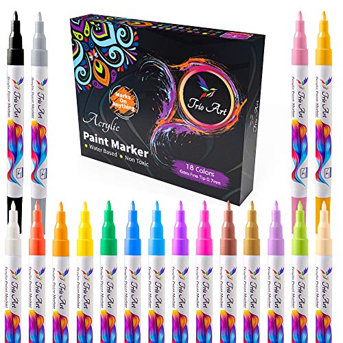 Product Cover Acrylic Paint Pens Set of 18 Vibrant Color Markers Kit For Rock Painting, Ceramic, Stone, Porcelain, Glass, Wood, Metal, Fabric, Canvas, Mugs &More |Extra Fine Tip| Water-based, Non-Toxic & Opaque Ink
