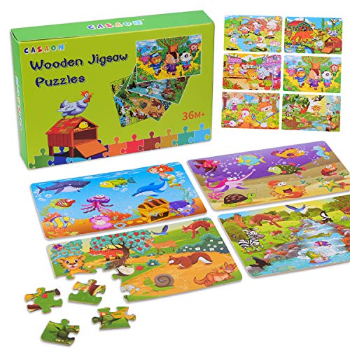 Product Cover Wooden Jigsaw Puzzles Set for Kids Age 3-10 Year Old 24 Piece Colorful Wooden Puzzles for Toddler Children Learning Educational Puzzles Toys for Boys and Girls (10 Puzzles)