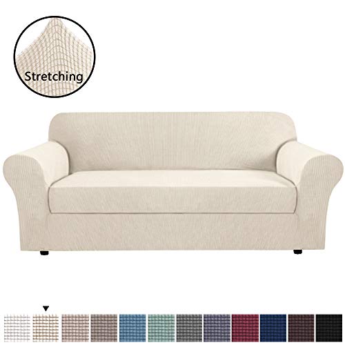 Product Cover H.VERSAILTEX 2 Piece Sofa Slipcovers Couch Cover High Stretch Furniture Cover for Sofa Fit Sofa Width Up to 90 Inch, Lycra Spandex Jacquard Fabric Sofa Protector - Sofa Large Size - Natural