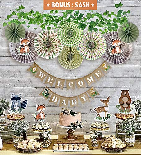 Product Cover YARA Woodland Baby Shower Decorations Kit|Gender Neutral Party Supplies for Boy or Girl|Rustic Burlap Welcome Baby Banner|Forest Animal Creature Cut Outs|Paper Fans|Greenery Ivy Vines Garland|Fox|Sash