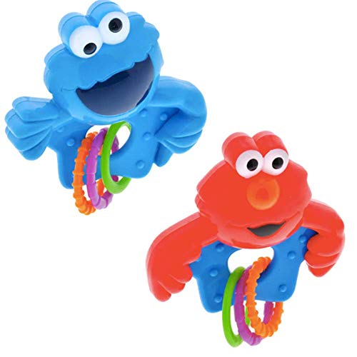 Product Cover Sesame Beginnings 2 Pack Baby Rattles with Rings, BPA Free, 1-18 Months - Elmo and Cookie Monster Toys for Babies and Toddlers