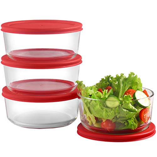 Product Cover Glass Food Storage Containers with Red Airtight Lids 24oz (Set of 4) | 6 x 2.5 Inch Small Round Mixing Bowls for Meal Prep, Leftovers, Baking, Cooking & Lunch | BPA-Free Kitchen Items