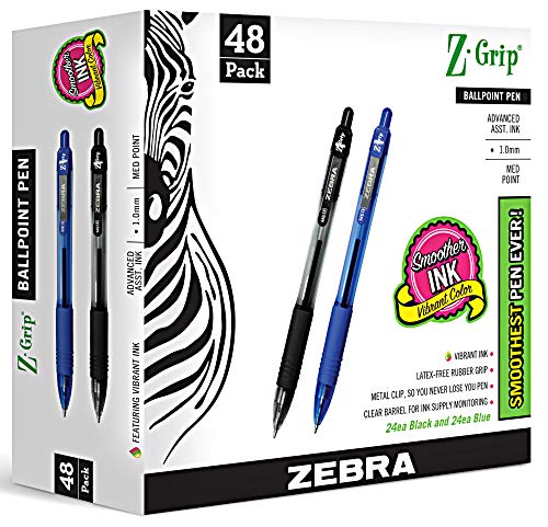 Product Cover ZEBRA PENS bulk pack of 48 ink pens, Z-Grip Retractable ballpoint pens Medium point 1.0 mm, 24 black pens & 24 Blue pens combo pack