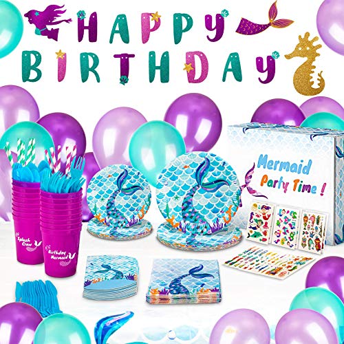 Product Cover Mermaid Birthday Party Supplies and Decorations Kit - Paper Plates, Tattoos, Napkins, BPA Free Cups, Table Cloth, Happy Birthday Banner, Balloons, Straws, Cutlery + Bag - Girls Party Favors-Serves 16