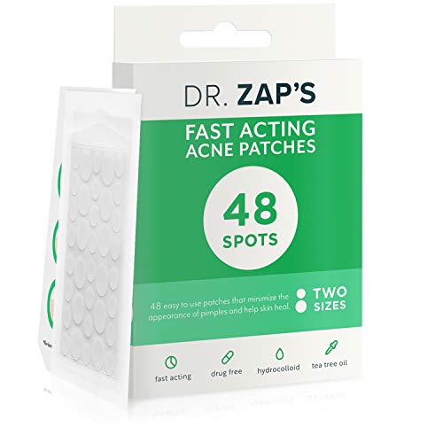Product Cover Dr Zaps Pimple Patch - 48 Acne Spot Treatment Dots in 2 Sizes - Absorbing Hydrocolloid Acne Patch with Australian Tea Tree Oil. Invisible Acne Cover that blends in with your skin. 48 Pimple Patches