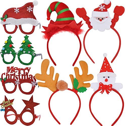 Product Cover JOYIN 4 Pcs Christmas Headbands and 4 Pcs Christmas Party Glasses Frames, Bundle Set of 8 for Holiday Season Parties Favors, Christmas Photo Booth Props (One Size Fits All)
