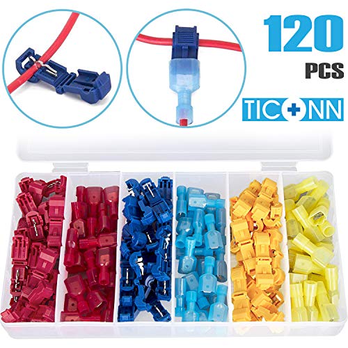 Product Cover TICONN 120pcs T-Tap Wire Connectors, Self-Stripping Quick Splice Electrical Wire Terminals, Insulated Male Quick Disconnect Spade Terminals Assortment Kit with Storage Case (120)