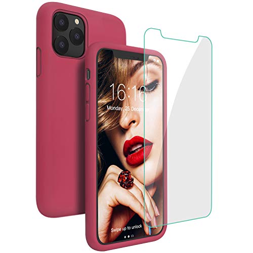 Product Cover JASBON Case for iPhone 11 Pro Max, Liquid Silicone Phone Case with Tempered Glass, Soft Gel Rubber Bumper Anti-Slip Protective iPhone 11 Pro Max Case 6.5 inch for Apple 11 Pro Max - Rose Red