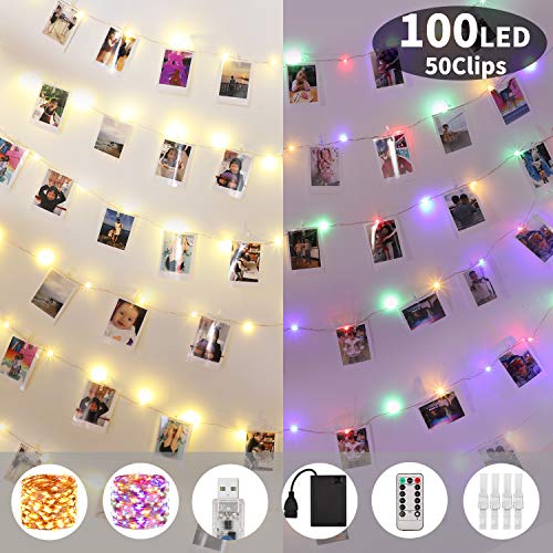 Product Cover Will Well Upgraded String Lights with Photo Clips Battery & USB Powered, 100 LED 33 Ft Fairy Lights with Remote Timer, Copper Wire Twinkle Lights for Bedroom Wall Wedding Christmas Decor