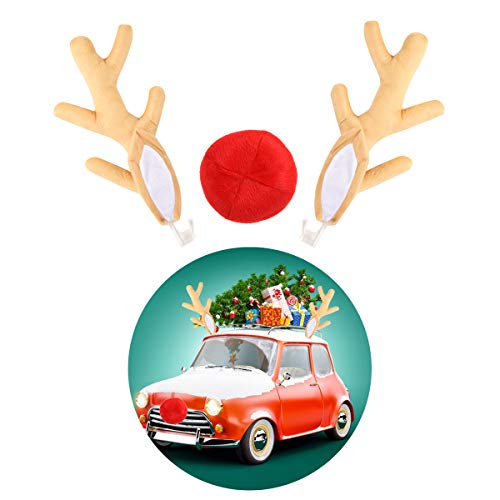 Product Cover Leke Lake Christmas Car Decoration Plush Rudolf Reindeer Car Antler and Red Nose Set with Jingle Bells (Cream)