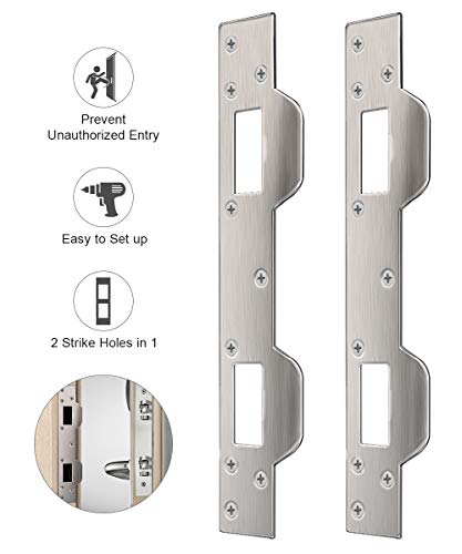 Product Cover Door Security Plate, 2 Pack Steel Strike Plate, Door Reinforcement Plate with 5-1/2 inch to 6 inch Hole Spacing's On Latch and Deadbolt, Dual Security Strike Plate Between Door jamb and The Door.