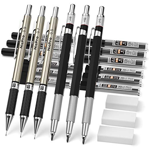 Product Cover Nicpro 6PCS Mechanical Pencils, 3 PCS Metal Automatic Drafting Pencil 0.5 mm & 0.7 mm & 0.9 mm and 3 PCS 2mm Graphite Lead Holder (2B HB 2H) For Writing,Sketching Drawing,With 12 Tubes Lead Refills