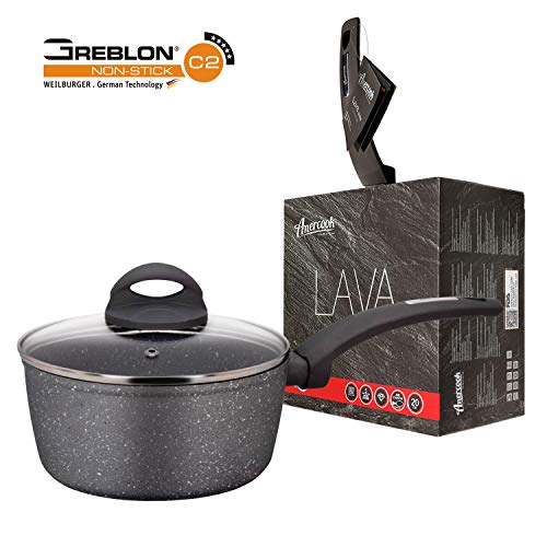 Product Cover Lava Stone by Amercook. 2-Layer Non-Stick Sauce Pan & Glass Lid with Induction bottom. Greblon Pressed Aluminum Bakelite Soft Touch - 6.3 in