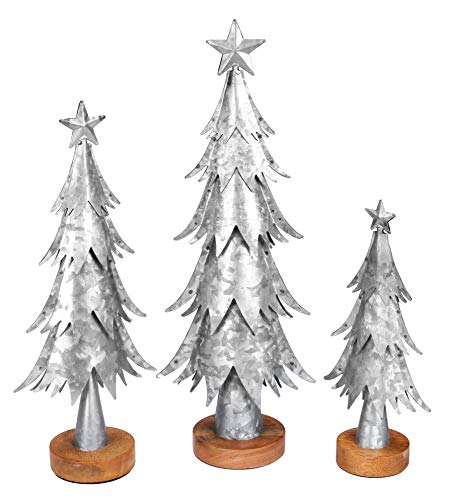 Product Cover Christmas Tree Decorations, Alpine Tree Set of 3 - Christmas Tree Stand, Star Finial Galvanized Layered Metal Christmas Decoration Galvanized Tin Table Sitter - Antique Gray
