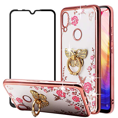 Product Cover BestAlice for Xiaomi Redmi 7 Bling Case with Tempered Glass Screen Protector, Slim Fit Soft Gel Clear Crystal TPU Glitter Cover Rose Gold Bumper for Girls, Butterfly Ring Kickstand