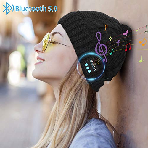 Product Cover Miserwe Bluetooth Beanie Wireless 5.0 Bluetooth Hat with Hands-Free Earphone Mic Speaker Headphone Beanie Men Women Gifts Winter Outdoor Sport Beanie for iPhone Android (Black)