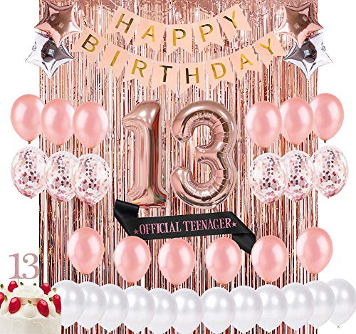 Product Cover Sllyfo 13th Birthday Decorations Party Supplies Kit - 13th Birthday Gifts for Girls,13th Cake Topper|Banner|sash|Rose Gold Curtain Backdrop Props|Confetti Balloons|Champagne Balloon. (13) (13)