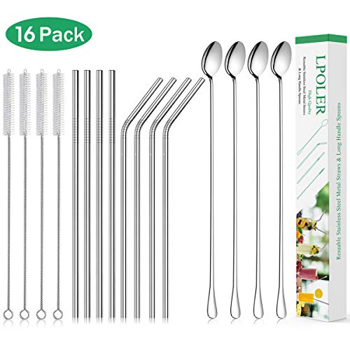 Product Cover LPOLER 16 Pack Stainless Steel Straws Reusable Metal Straws Drinking for 20/30oz Tumblers, Ultra Long 10.5 Inch, And Long Handle Iced Cream Spoon Ice Tea Spoon, 4 Straight+4 Bent+4 Spoons+4 Brushes