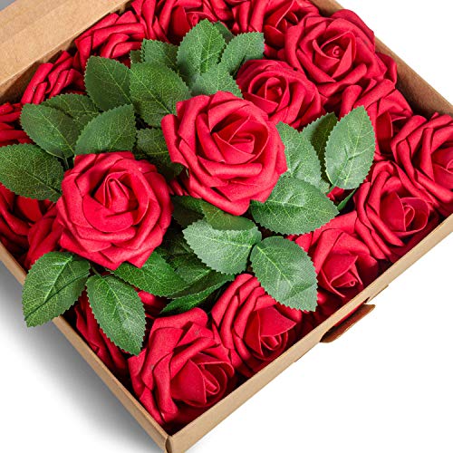 Product Cover BeautifulLife 50pcs Artificial Flowers Dark Red Roses - Real Looking Fake Flowers, DIY Wedding Decor for Ceremony - Faux Flower Garland Reception Bouquet Centerpieces Baby Shower Party Decorations