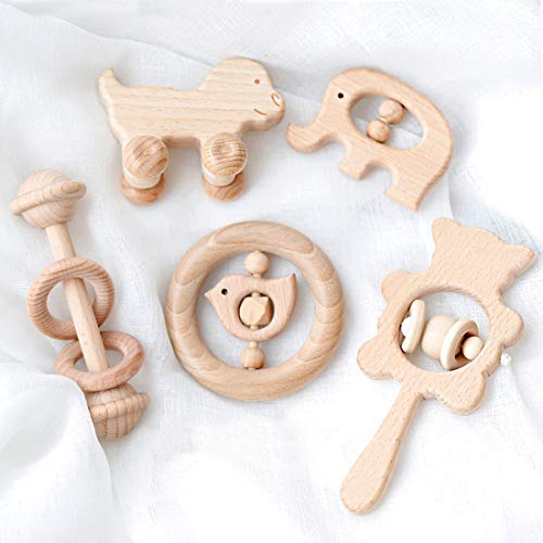Product Cover Promise Babe Natural Wooden Teether Rattles Gym Intellectual Puzzle Toys 5pc Set Montessori Toys