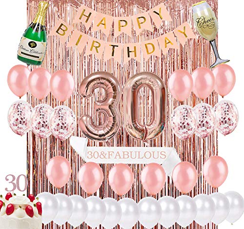 Product Cover Sllyfo 30th Birthday Decorations Party Supplies Kit - 30th Birthday Gifts for Womens,30th Cake Topper|Banner|sash|Rose Gold Curtain Backdrop Props|Confetti Balloons|Champagne Balloon. (30)