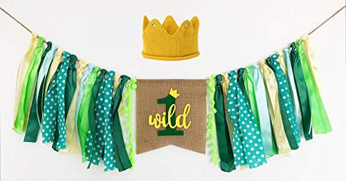 Product Cover Wild One Banner, Wild One High Chair Banner with Crown, 1st Birthday Fabric Jungle Safari Theme Party Decorations for Boy Girl