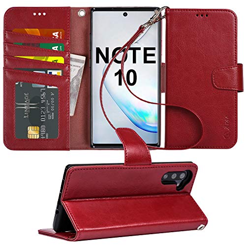 Product Cover Arae Wallet Case for Samsung Galaxy Note 10 / Note 10 5G PU Leather flip case Cover [Stand Feature] with Wrist Strap and ID&Credit Cards Pocket for Galaxy Note 10 6.3 inch (Wine Red)