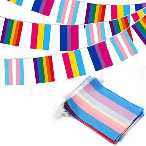 Product Cover Anley 32pcs Assorted Rainbow String Flags - 4 Mixed Flag Banners with LGBT, Pansexuality, Bisexuality, and Transgender - Individual Flag of 8