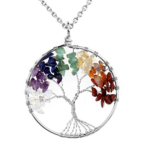 Product Cover Top Plaza 7 Chakra Healing Crystals Necklace Tree of Life Silver Copper Wire Wrapped Pendant Necklaces Reiki Quartz Jewelry for Womens
