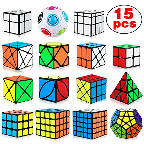 Product Cover Dreampark Speed Cube Set, 15 Pack Cube Bundle 2x2 3x3 4x4 5x5 Megaminx Pyramid Skew Ivy Windmill Fisher Axis Dino Mirror Cube Magic Rainbow Ball Sticker Cube Puzzle Collection for Kids