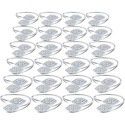 Product Cover Set of 24 Exquisite Household Napkin Rings Metal Leaves Napkins Holder Rhinestone Napkin Buckle for Valentine's Day，St. Patrick's Day，Wedding, Festival Dinner, Table Decoration (Silver)