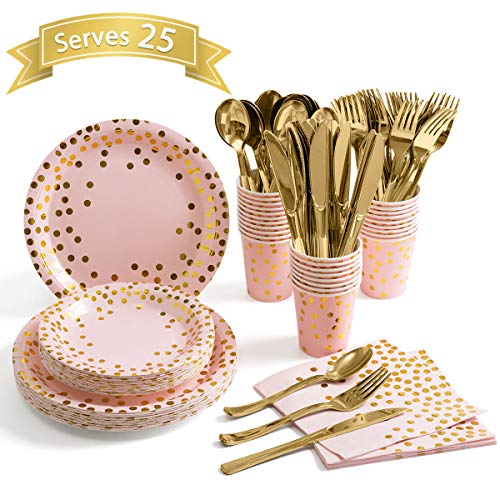 Product Cover Pink and Gold Party Supplies - Disposable Dinnerware Set Serves 25 Gold Dots on Pink Paper Plates Cups and Napkins, Gold Plastic Knives Spoons Forks for Baby Shower Wedding Party Bridal Shower