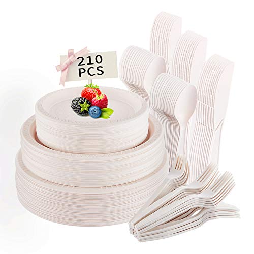 Product Cover 210 Pieces Disposable Plates, Biodegradable Compostable Cornstarch Dinner Tableware Set with Plates Knives Forks Spoons