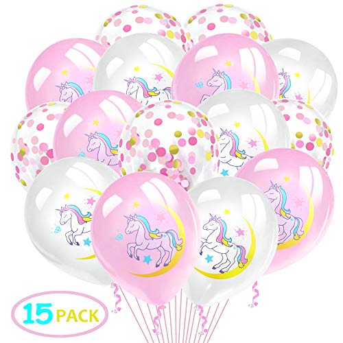 Product Cover Grier Unicorn Balloons, 15pcs White Pink Latex and Gold Rose Pink Confetti Balloons for Unicorn Birthday Party Baby Shower Unicorn Theme Party Festival Party Decorations