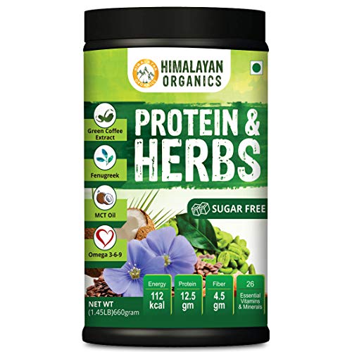 Product Cover Himalayan Organics Protein & Herbs, Whey Protein with Green Coffee Beans Extract, Omega 3-6-9, MCT Oil & 27 Essentials Vitamins & Minerals - 20 Servings - 0g added sugar (Strawberry)