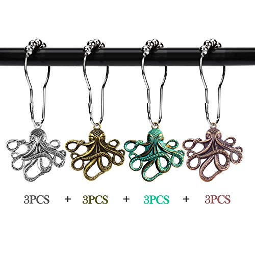 Product Cover ZILucky Set of 12 Octopus Shower Curtain Hooks Decorative Home Bathroom Squid Sea Creature Beast Stainless Steel Rustproof Brushed Nickel Rings with Octopus Decorative Accessories (Colorful)