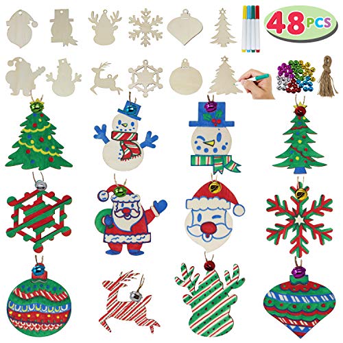 Product Cover JOYIN 48 Pack Wooden Christmas Ornaments Craft Kit for DIY, Blank Christmas Hanging Ornaments Unfinished Wood Cutouts for Holiday Gifts and Christmas Decorations