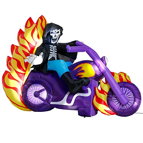 Product Cover Halloween Haunters 6 1/2 Foot Inflatable Skeleton Ghost Reaper Riding a Flaming Purple Motorcycle Yard Prop Decoration with Bright LED Lights - Flames Chopper Indoor Outdoor Lawn Blow Up Party Display