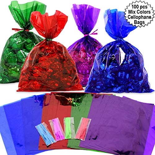 Product Cover Cellophane Bags 100 pcs Mix Colors (6 Inch x 9 Inch) | Colorful Cello Treat Bags with Twist Ties | 2.5 Mil Quality Cellophane Treat Bags | Transparent Color 6x9 Inch Bags | by Anapoliz