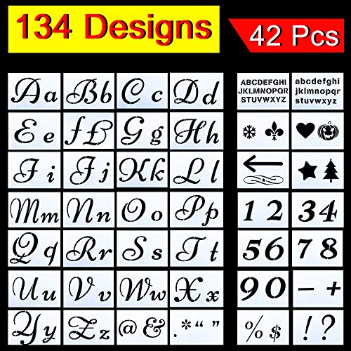 Product Cover XPCARE Letter Stencils for Painting 134 Designs Alphabet with Calligraphy Font Upper and Lowercase Letters Reusable Holiday Plastic Art Craft Stencils with Numbers and Signs 42 Pcs
