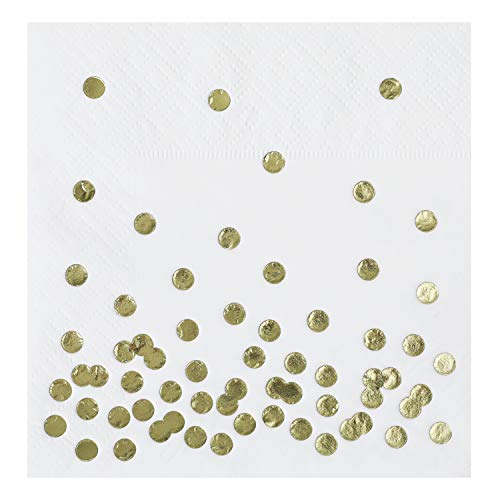 Product Cover 100 Pack Sparkly Gold Foil Polka Dots Cocktail Napkins, Disposable, White, 3-ply, 1/4 Fold, Measures 5