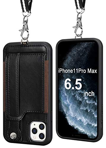 Product Cover TOOVREN iPhone 11 Pro Max Wallet Case, iPhone 11 Pro Max Case Protective Cover with Leather PU Card Holder Adjustable Detachable iPhone Lanyard Stand Strap for iPhone 11 Pro Max 6.5 Inch 2019 Black