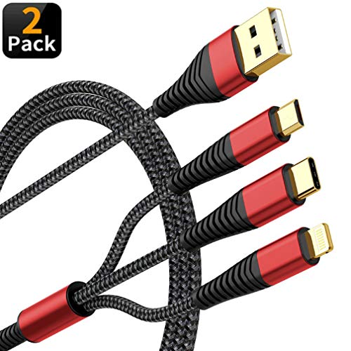 Product Cover [Upgraded] Multi Charger Cable, 2Pack 6ft Nylon Braided Universal 3 in 1 Multiple Ports Devices USB Charging Cord with Gold-Plated iOS/Type C/Micro USB Connectors for Phones Tablets (Charging Only)