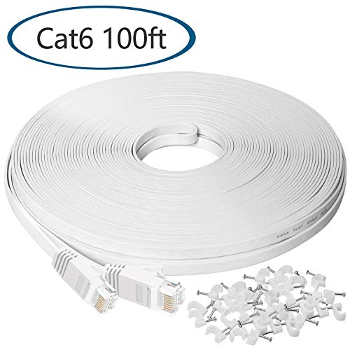 Product Cover Ethernet Cable 100 ft, Cat6 Flat Internet Cable,Extra Long LAN Network Cable Patch Cord with Clips with Snagless Rj45 Connectors, Silm High Speed Computer Wire, Faster Than Cat5 5e Cables,White