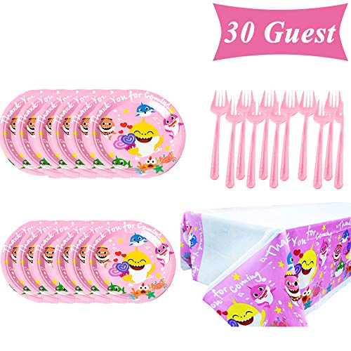 Product Cover Know me Baby Shark Birthday Party Supplies Set, 50pcs Baby Shark Plates Party Decoration Cake Paper Dessert Forks Set for 30 Guest